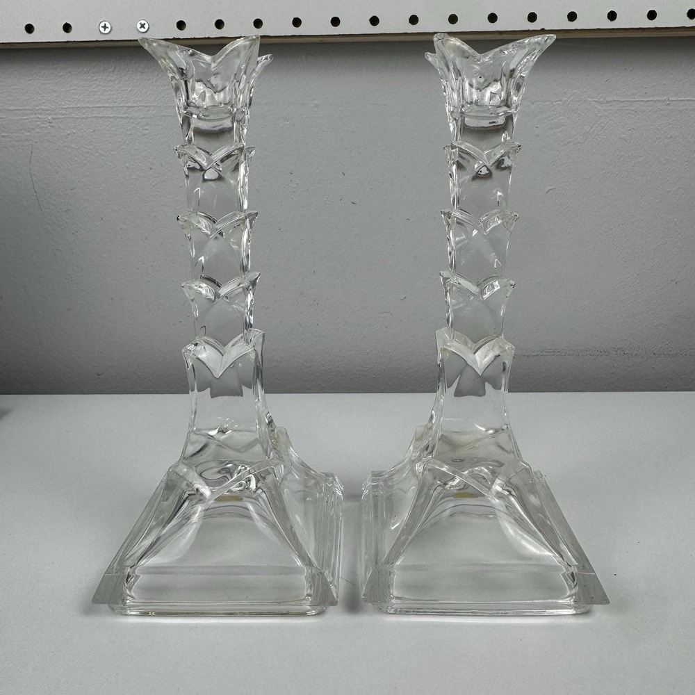 Vtg 1980s Crystal Clear Lead Crystal Candlesticks Pair USA Art Deco Style‎